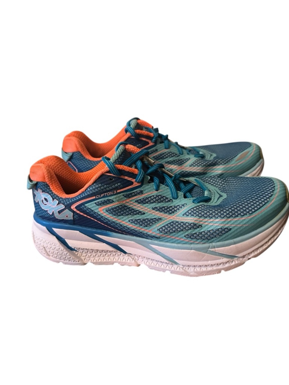 Hoka One One Clifton Teal & Orange Mesh Running Shoes women’s Size 9